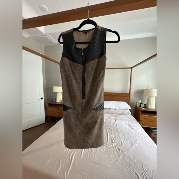 Alberto Makali Quilted Faux Leather Contrast Sheath Dress | Size M | Taupe Black - Picture 3 of 7